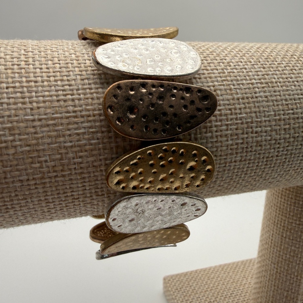 Metal Boho Mixed Metal Hammered Pebble Stretch Bracelet OS Multi